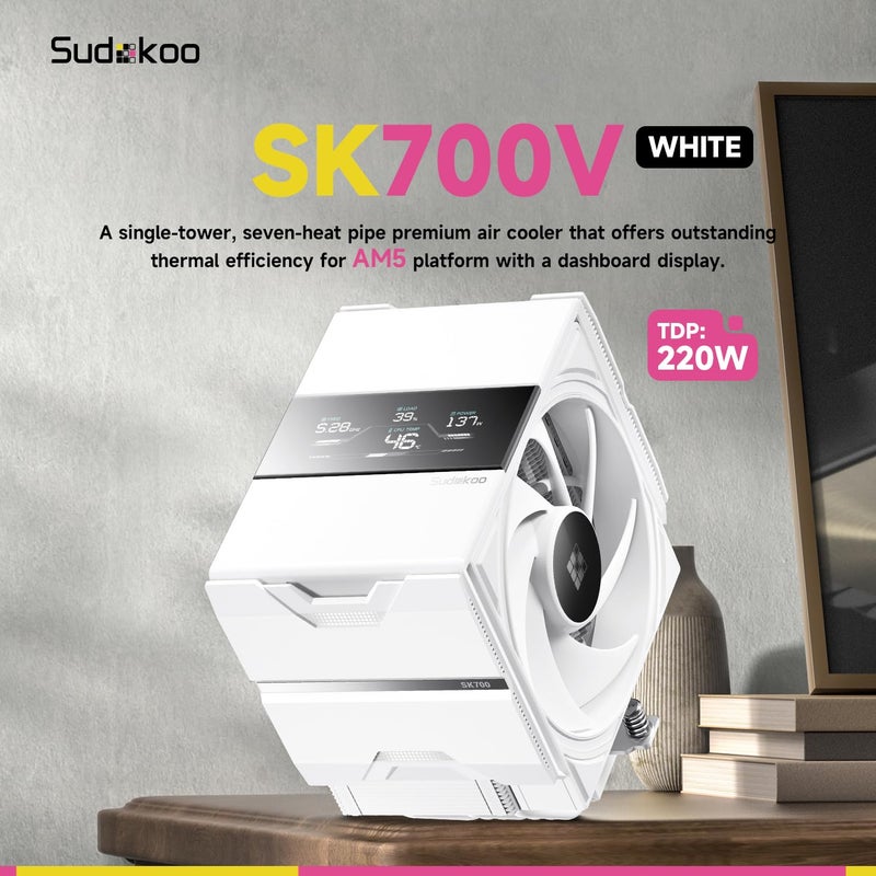 Sudokoo مبرد وحدة المعالجة المركزية SK700V الأبيض AM5: مبرد هواء لوحدة المعالجة المركزية مع 7 أنابيب حرارية وعرض رقمي حصري لـ AM5 - تبريد PC ببرج واحد مع مروحة هادئة FDB PWM بحجم 120 مم وتركيب قفل L-Rail - Image 2